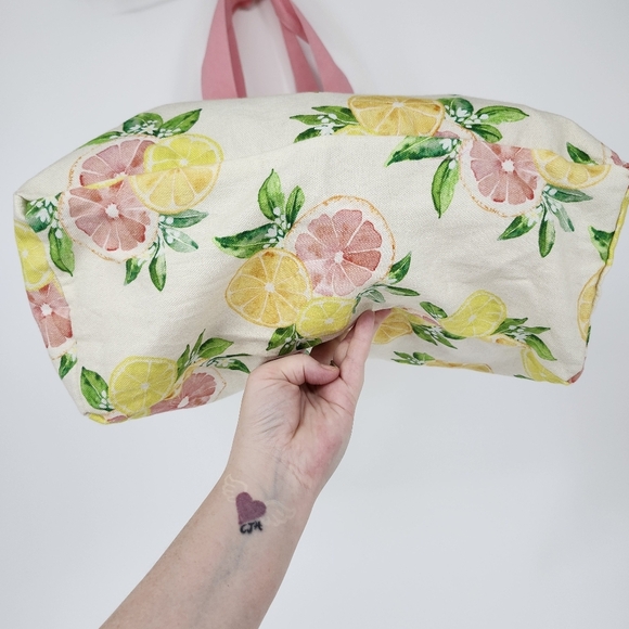 Cotton Canvas Citrus Tote Bag Pink Yellow Lemon Tassel Preppy Spring Summer - Picture 6 of 8